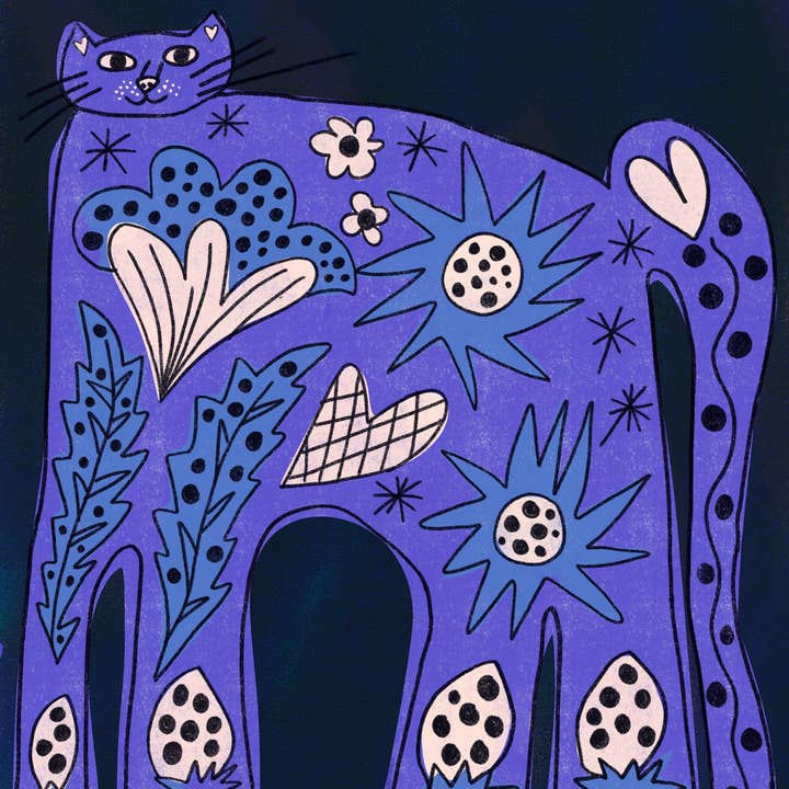 Rebecca Joy Ltd – wholesale Art print – 'Evening Cat' | Dark Coloured | Retro | Animal | Risograph Style | Print1