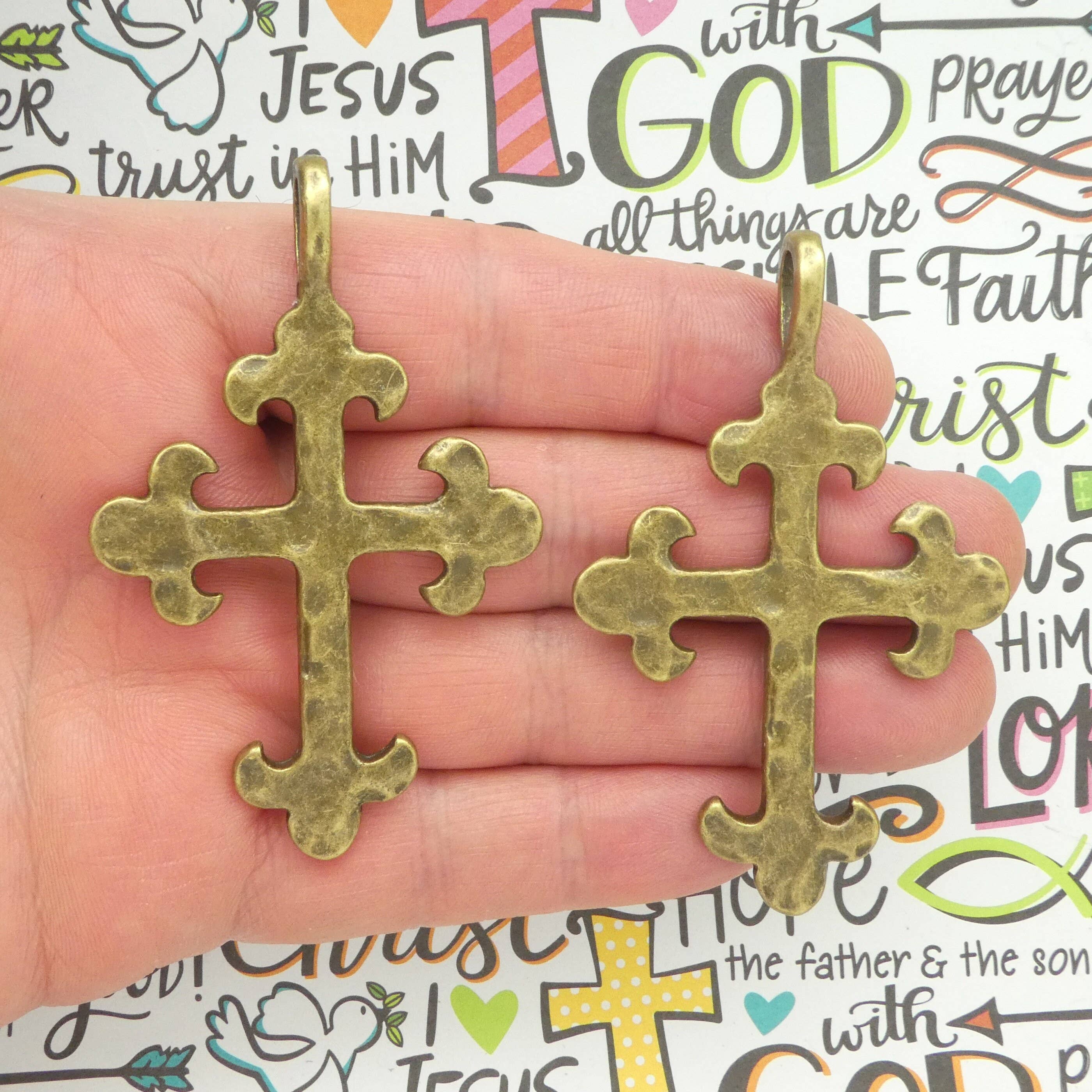 Treasure Island - Wholesale Individual Charm/Pendant - Hammered Christian Cross Charm Pendant, Bronze Pewter1