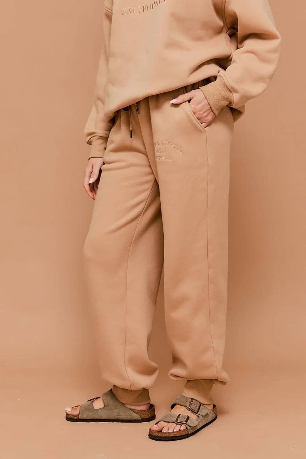 Beige "Santa Monica California" Embossed Graphic Elastic Waist Drawstring Joggers for wholesale on Faire3