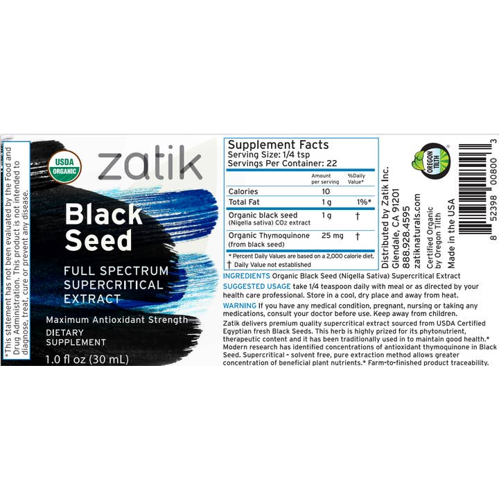 Zatik Naturals - Vente Supplément oral/vitamine - Liquide supercritique de graine noire, extrait biologique 1 fl oz1