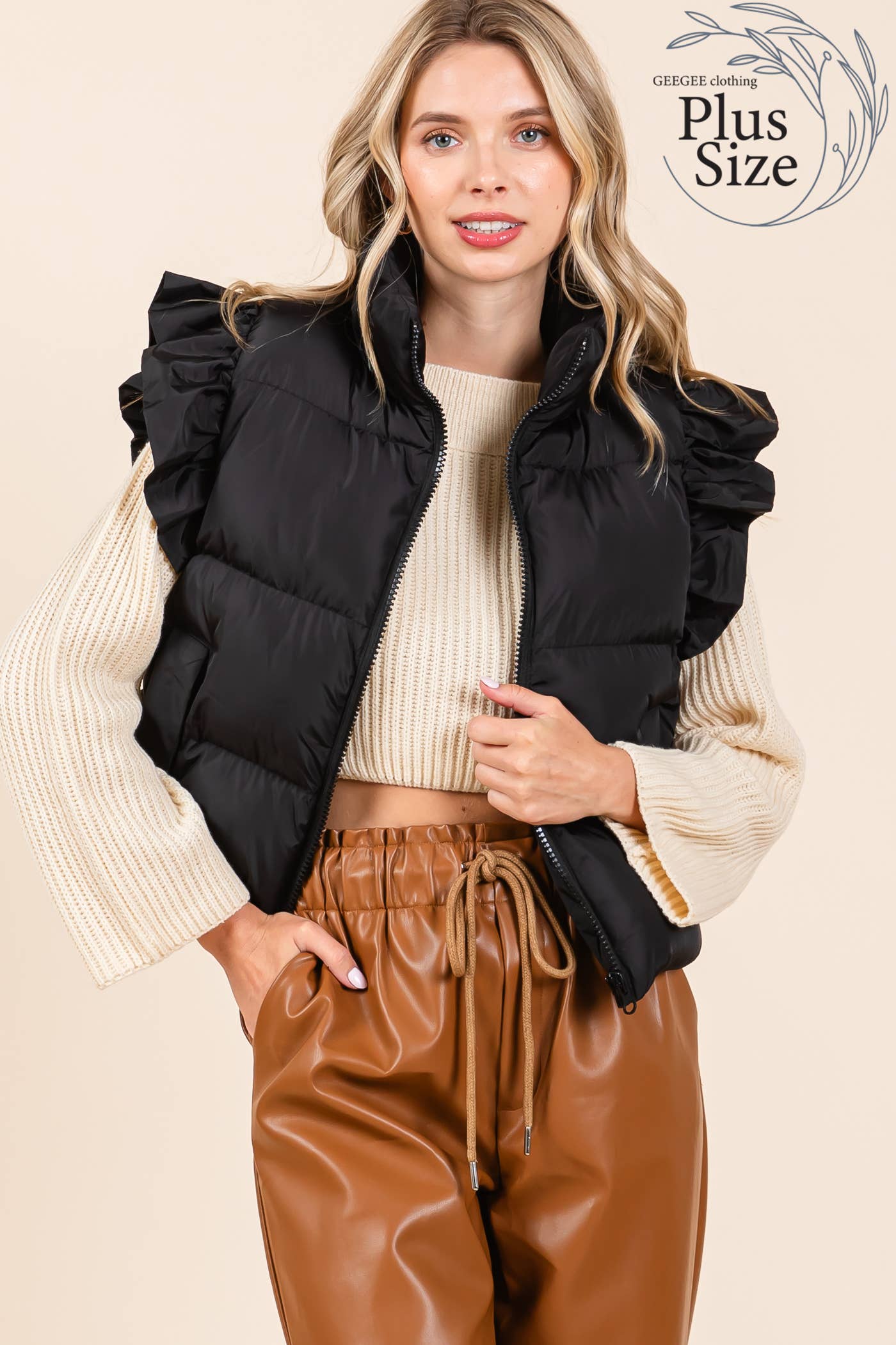 GeeGee x Lovelo - Wholesale Outerwear Vest - Women's - Plus Ruffled Sleeve Puffer Vest, MJ4501PL38