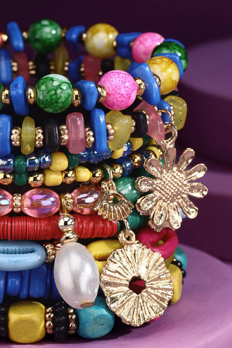 Multi Mt  9-Strand Stackable Stretch Bracelet with Charms for wholesale on Faire2
