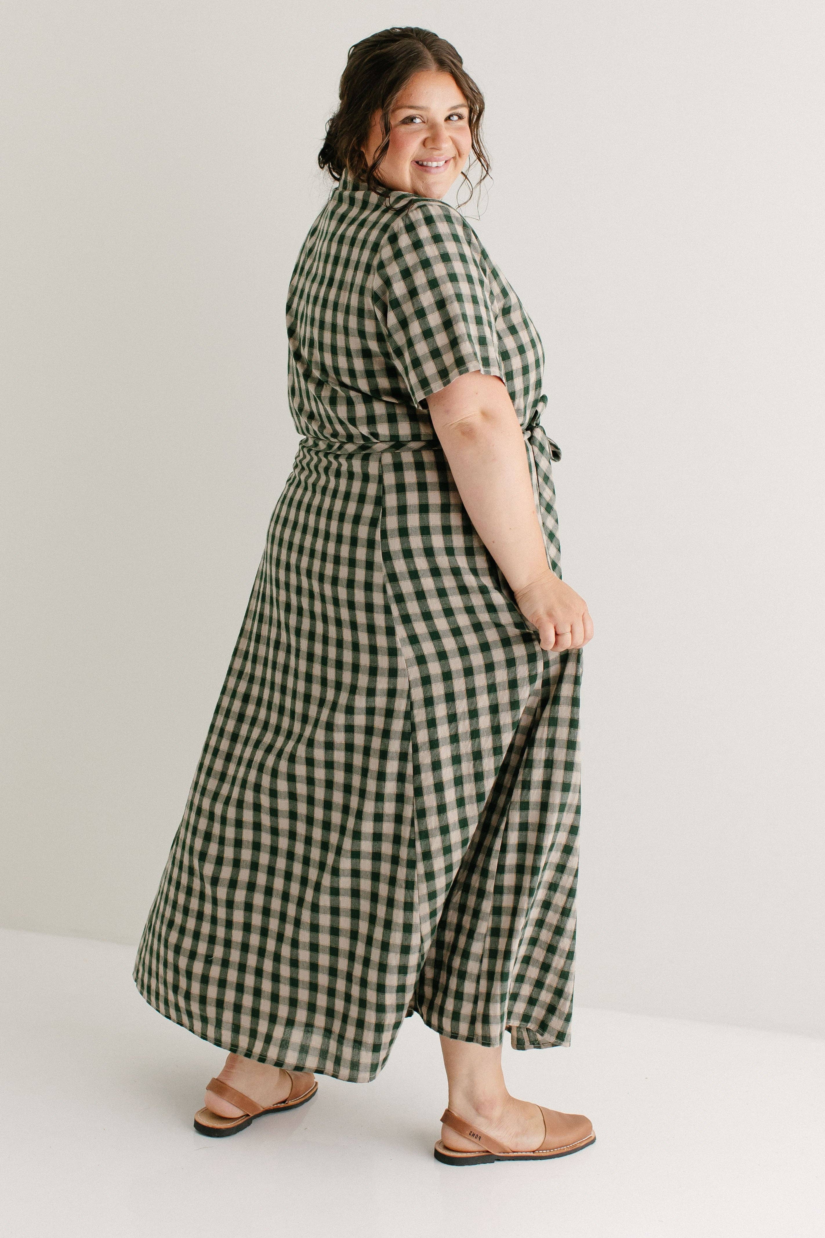 Light Tan 'Mae' Green Gingham A-Line Cotton Shirtdress FINAL SALE for wholesale on Faire15