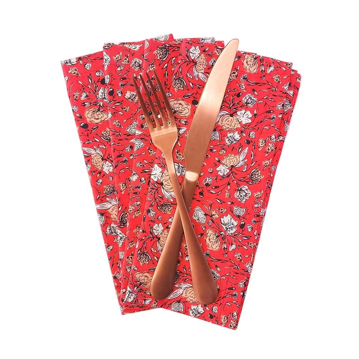 90 West Linen Co. - Wholesale Dinner & Cloth Napkin - Vibrant Red Floral Cloth Napkins, Set of 40