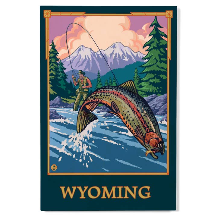 PREMIUM WOOD SIGN Wyoming, Painterly, Fly Fisherman for wholesale by Lantern Press