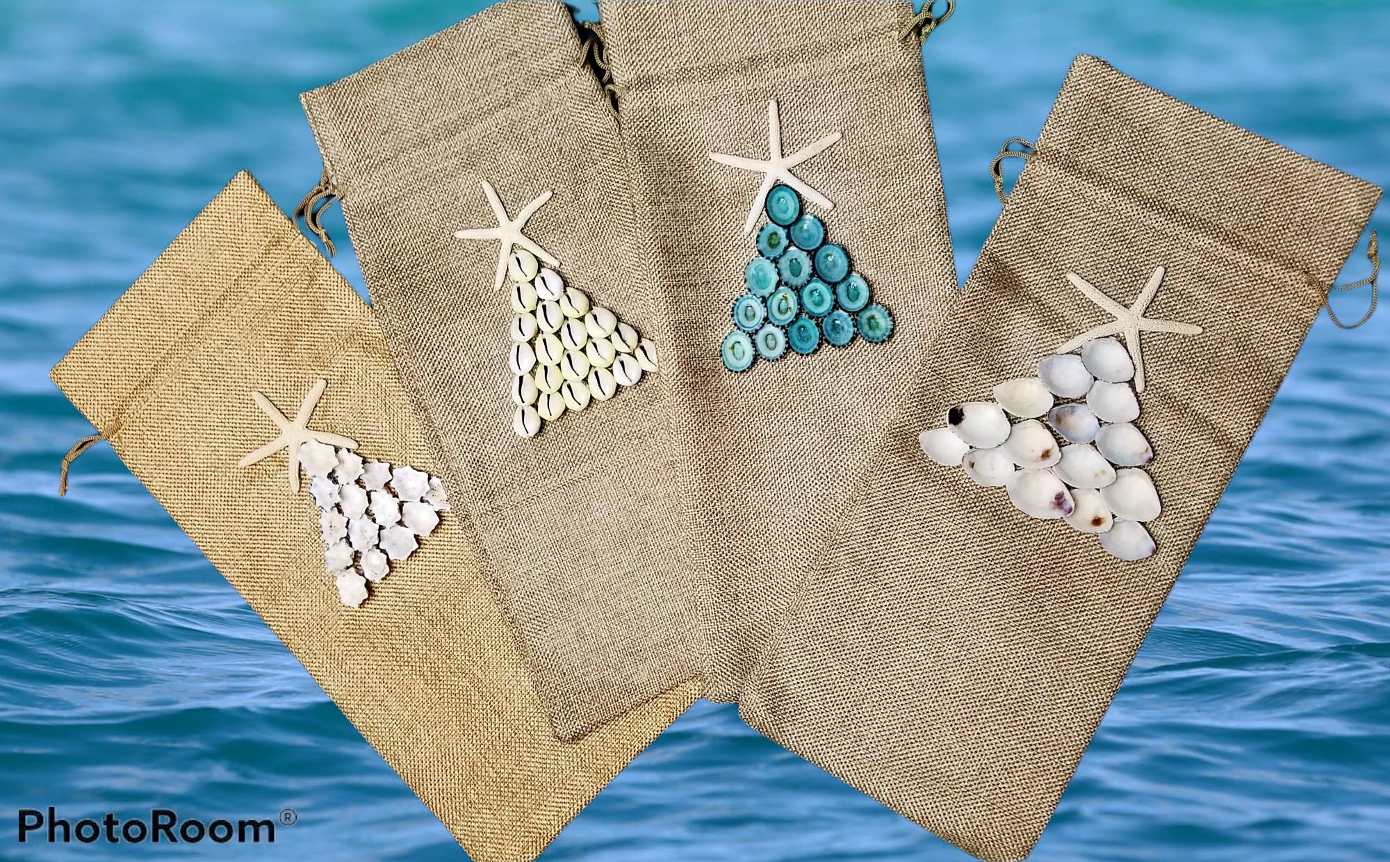 Shell We Sea Designs - Wholesale Wine Gift Bag - Seashell Tree WINE BAG Drawstring Burlap Tote Pouch Gift4