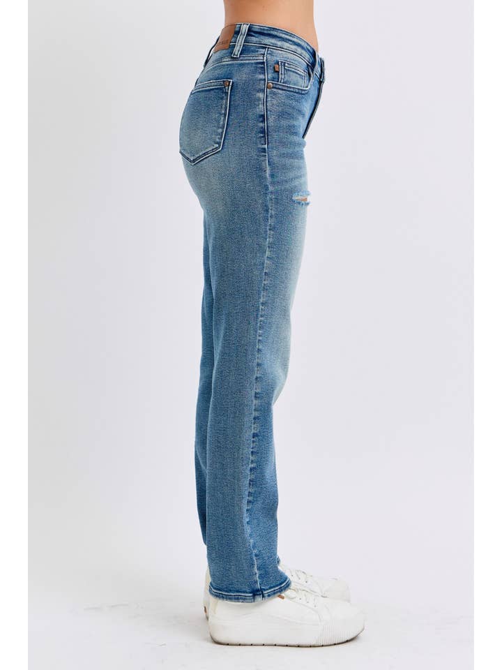 Watermelon Apparel - Wholesale Jeans - Women's - Judy Blue Mid Rise Contrast Wash Destroyed Dad Jeans, 32" Inseam