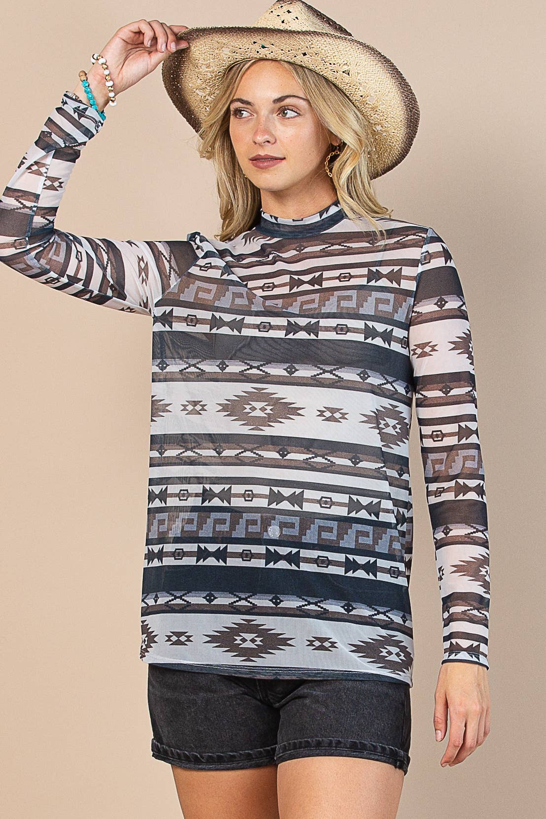 MOCHA CHARCOAL AV1230-BILLIE AZTEC PRINT SEMI SHEER MESH TOP for wholesale on Faire2