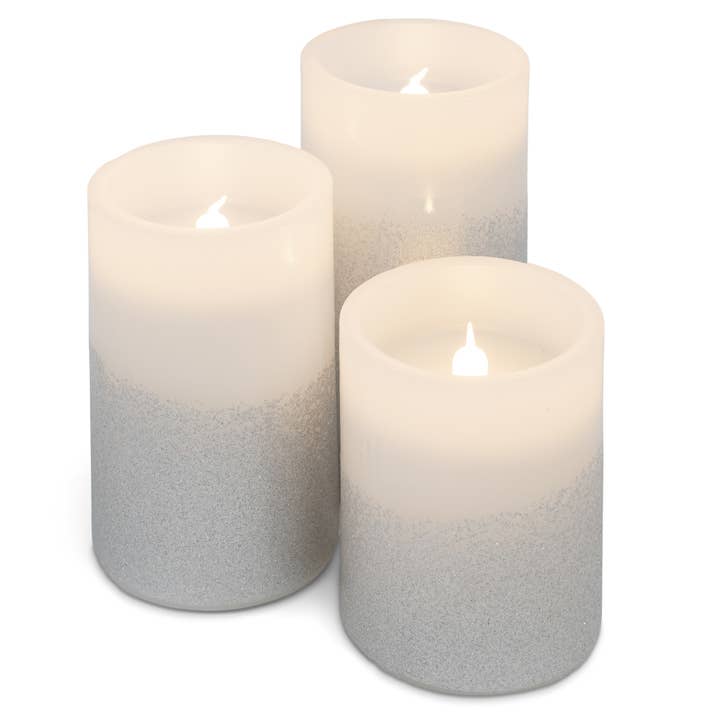 Silver Tone Glitter 6 inch Flameless Candles Set of 3 for wholesale by EAST AVENUE