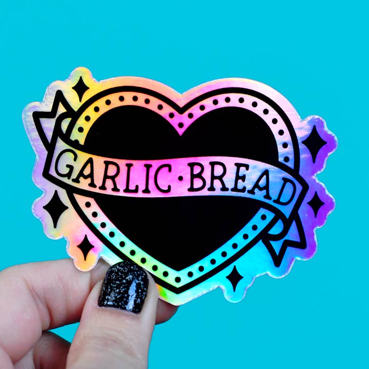 garlic bread heart / rainbow holographic vinyl sticker for wholesale by jesiiii