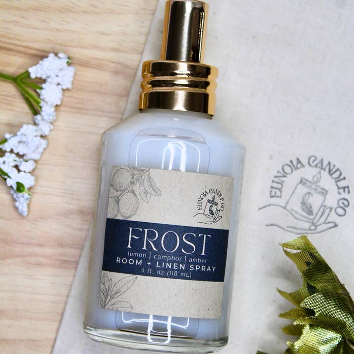 Frost Room + Linen Spray | 4 oz Glass Bottle + Gold Nozzle for wholesale by Eunoia Candle Co.