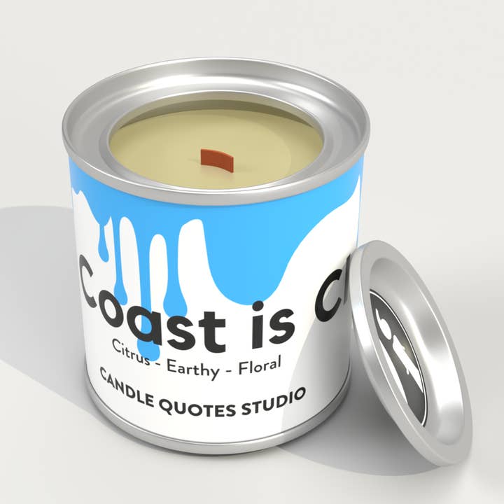 The Coast is Clear Woodwick Tin Scented Candle for wholesale by Candle Quotes Studio