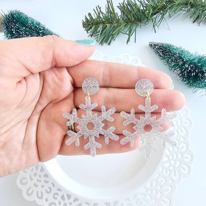 Spiffy & Splendid - Wholesale Dangle Earrings - Snowflake Earrings - Silver Glitter // Christmas, Holiday