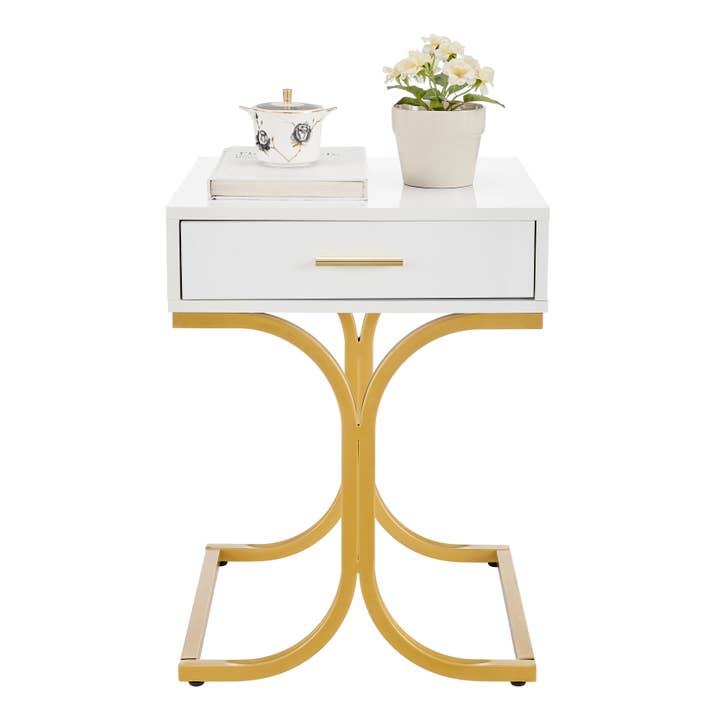 Danya B - Wholesale Side Table - Retro White Lacquer Gold Brass Metal Nightstand with Drawer