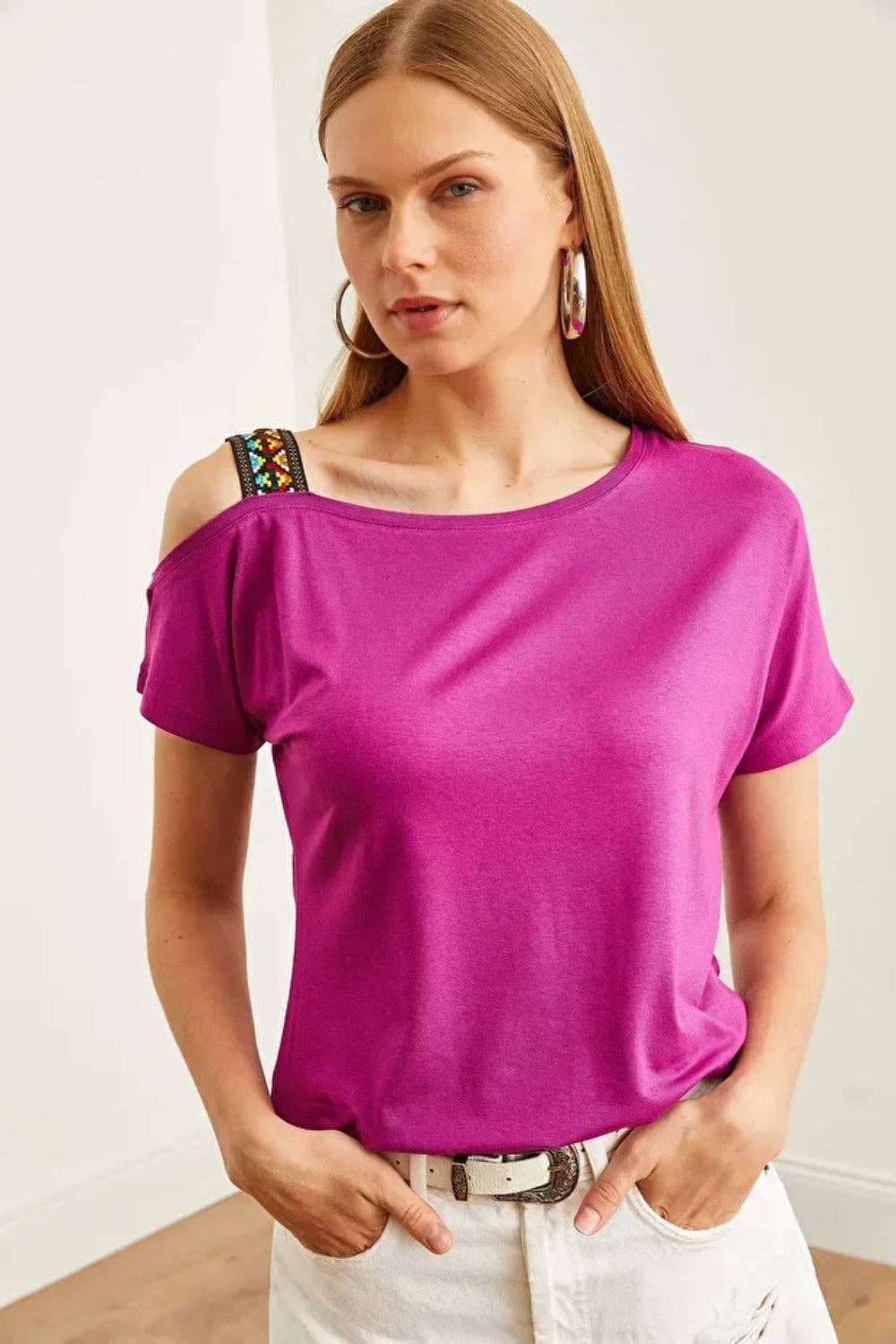 Hoxton Gal – wholesale Blouse – Women’s – One-Shoulder Ethnic-Trim Blouse21