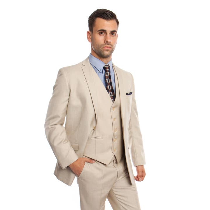 Fashion Mens Suits,3 PC Sharkskin, Tan for wholesale by Suits America