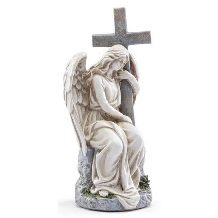 Resin Angel Figure Holding Cross Memorial Statue - 7.5" for wholesale by Will's Company