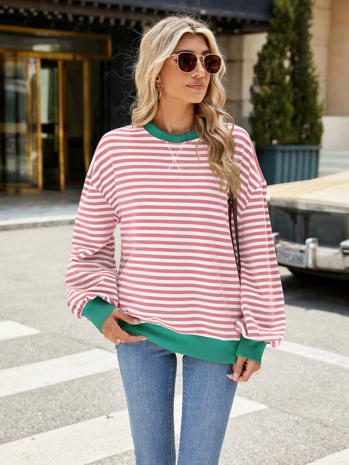 Lily Clothing - Wholesale Hoodie - Women's - CONTRASTING COLOR STRIPED LONG SLEEVE HOODIE