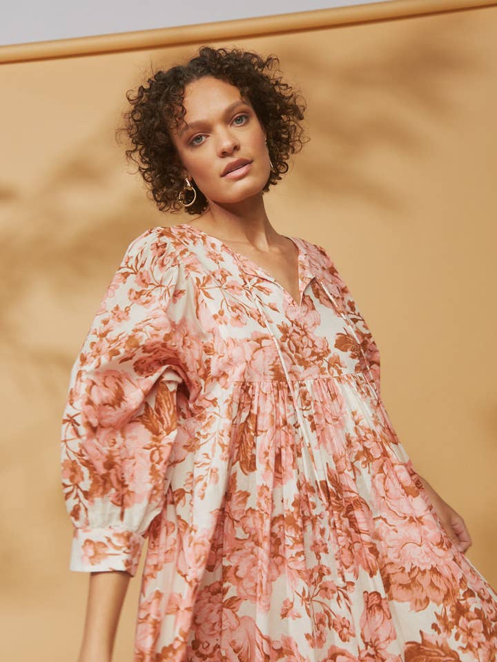 Poppy Dress Rust and Rose Print for wholesale by House of Lacuna