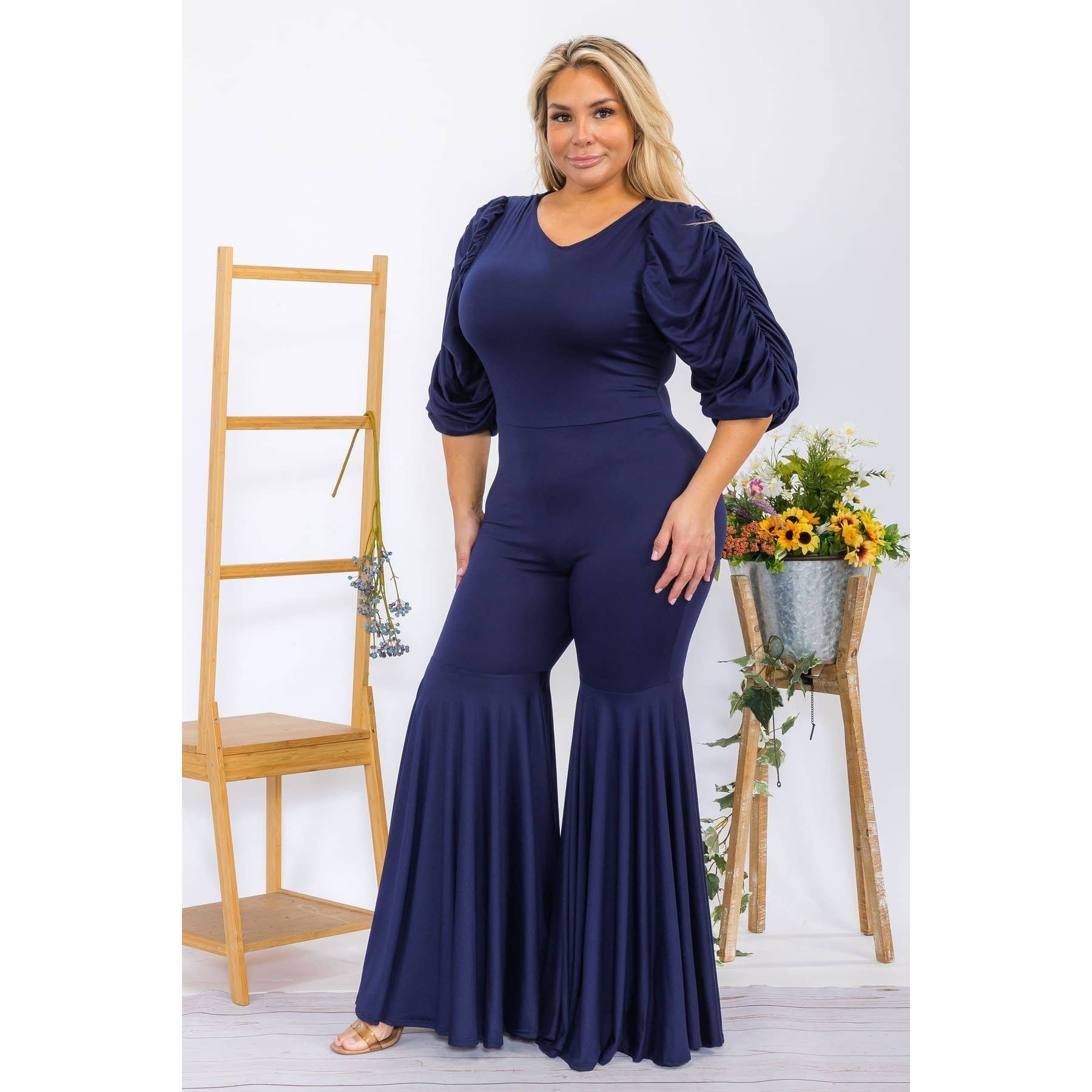 DORCAS - Wholesale Jumpsuit - Women's - PLUS SOLID COLOR PRINTED FLARE LEG JUMPSUIT2