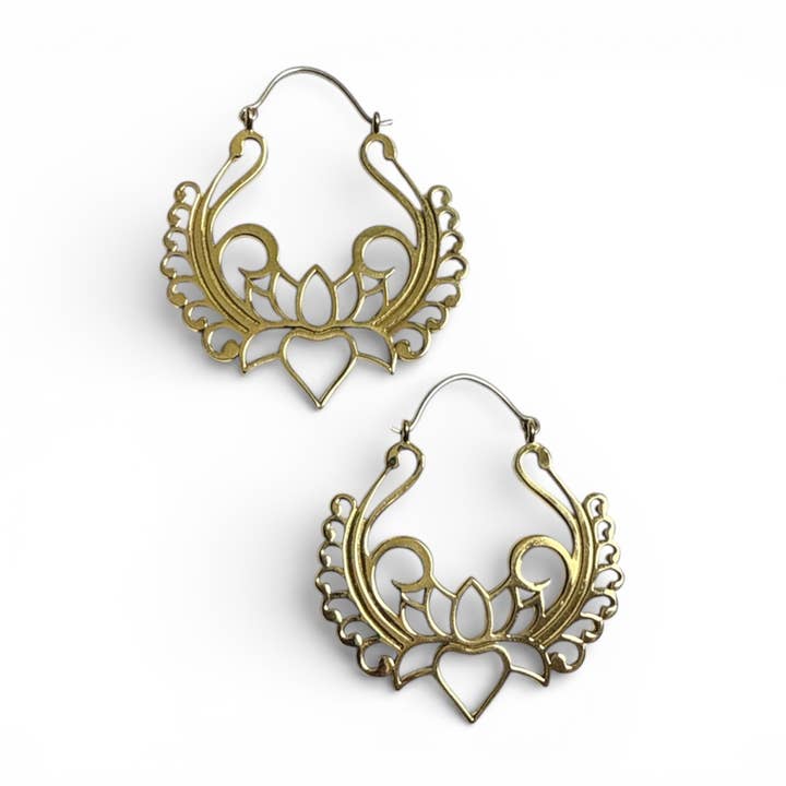 Lotus Flower Hoop Earrings / Sacred Symbolism Tribal Brass for wholesale by JAYA MOKSHA