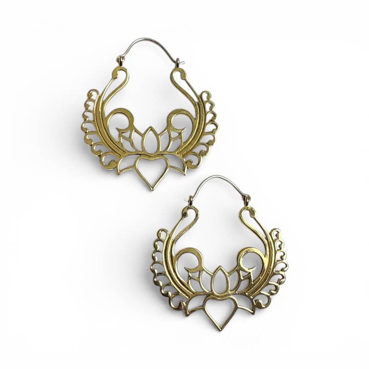 Lotus Flower Hoop Earrings / Sacred Symbolism Tribal Brass for wholesale by JAYA MOKSHA