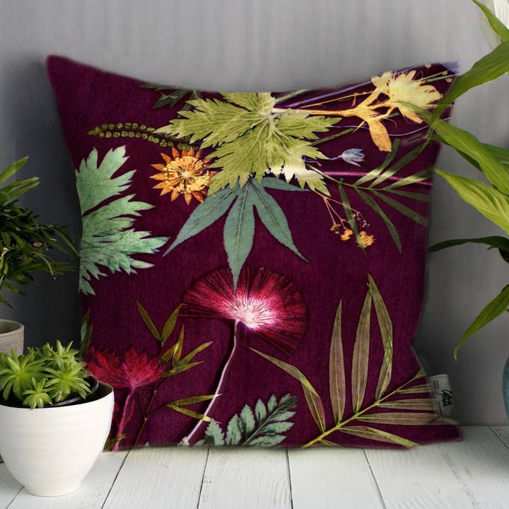 Tropical Wine | Burgundy Red Cushion for wholesale by Gillian Arnold