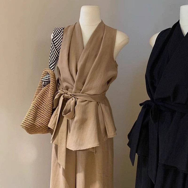 UZ Wholesale Store - Wholesale Top & Pant Set (NOT Loungewear) - Women's - V-Neck Sleeveless Tie-Waist Crop Top Wide Leg Pants Set1