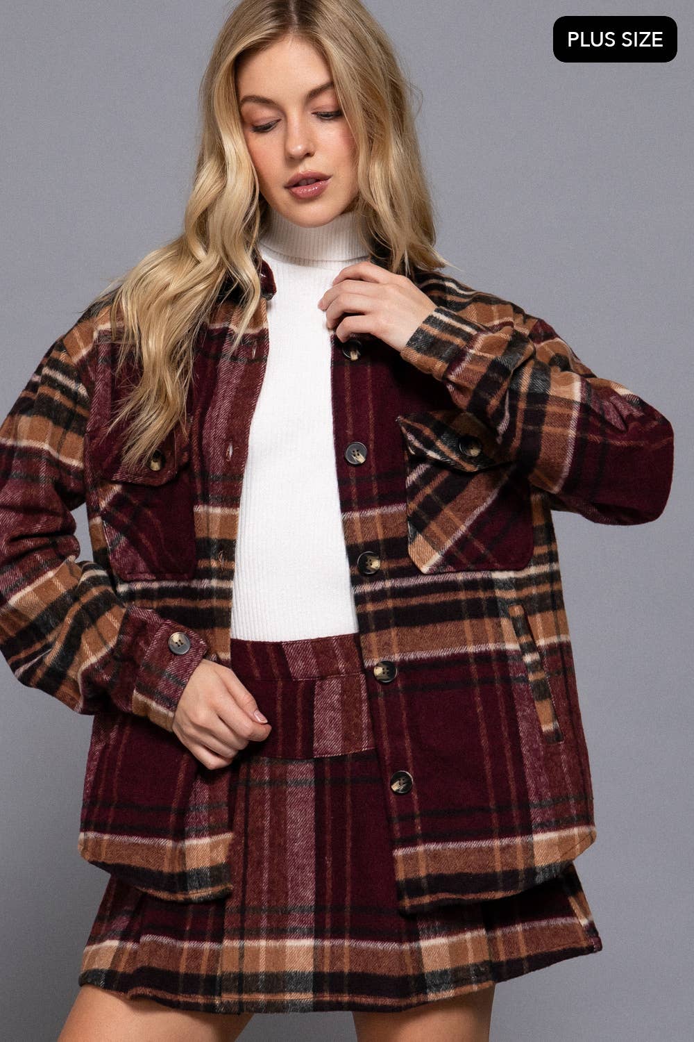 Active Basic | Active USA - Vente Veste-chemise – femme - [VÊTEMENT GRANDE TAILLE] Veste à carreaux en laine mélangée à manches longues et boutonnée11