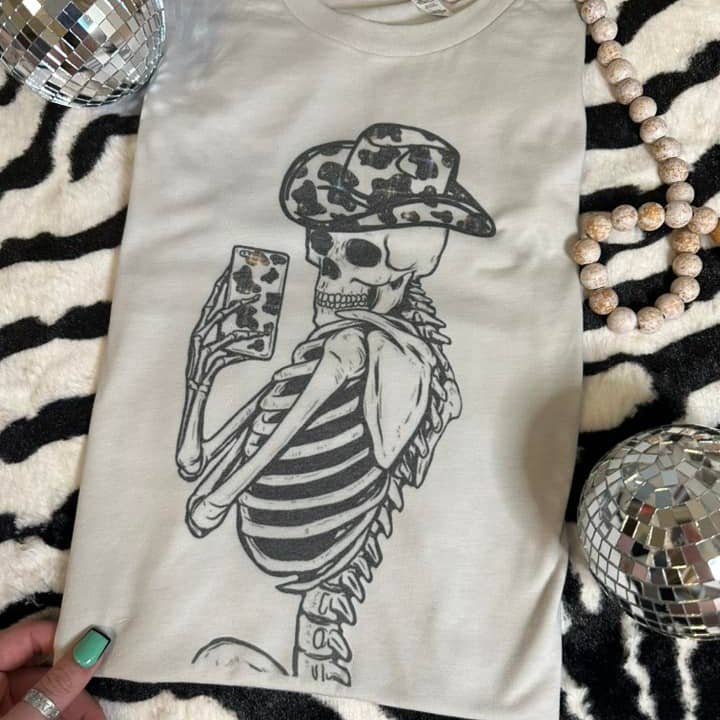 Boujee Skeleton Cowgirl Western Graphic Tee for wholesale by The Branded Blue Roan