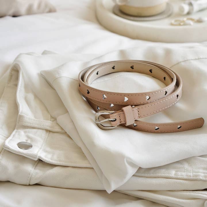 Xander Kostroma – wholesale Belt – Women's – Cream PU Skinny Belt with Heart Holes