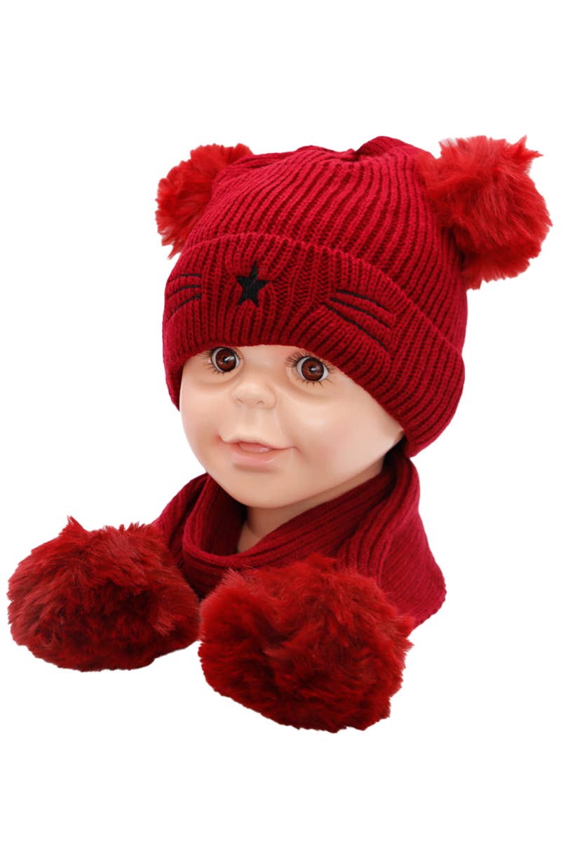 Cap Zone - Wholesale Beanie - Kids - Kids 2 Piece Kitty Cat Whiskers Pom Pom Beanie Scarf Set5