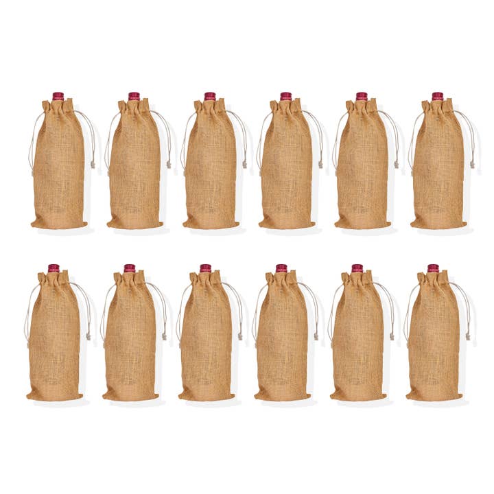 12-Pack Burlap Jute Wine Bags – Drawstring Bottle Covers for wholesale by ecojutebags