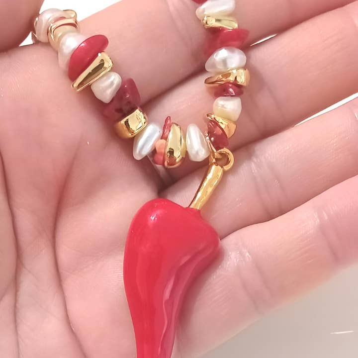 Wild & Free - Wholesale Beaded/Pearl Necklace - Collar artesanal de chile rojo4