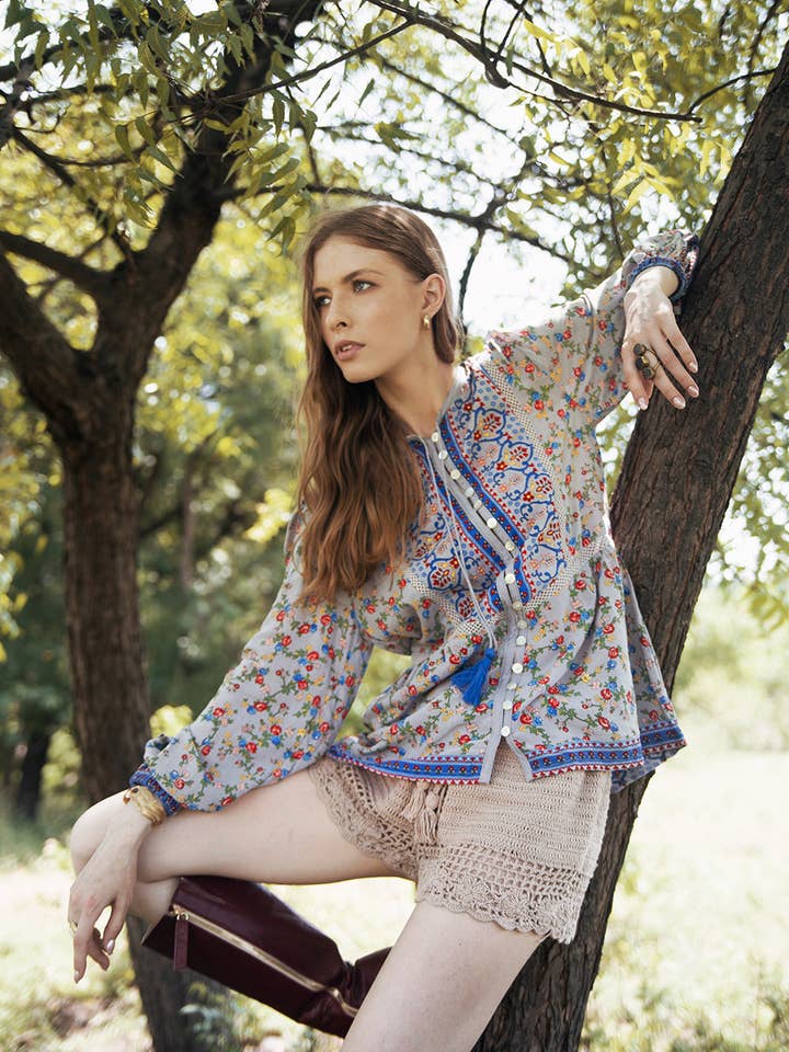 Sharon Boho Blouse - Lavender Grey for wholesale by Tulle and Batiste