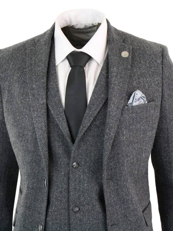 Men's 3 Piece Charcoal Grey Herringbone Tweed Suit for wholesale on Faire