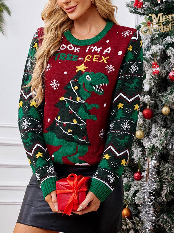 Maglione Natalizio Divertente con Dinosauro Tree-Rex a Maglia per la vendita all'ingrosso da parte di Suhkasana