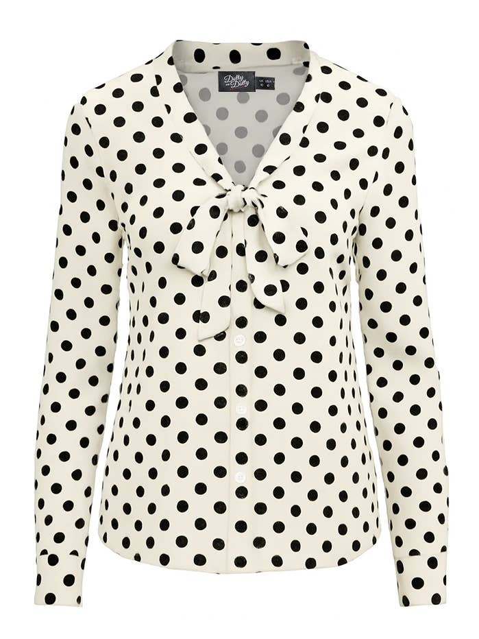 Margaret Vintage White Polka Dot Long Sleeve Tie Blouse for wholesale by Dolly & Dotty