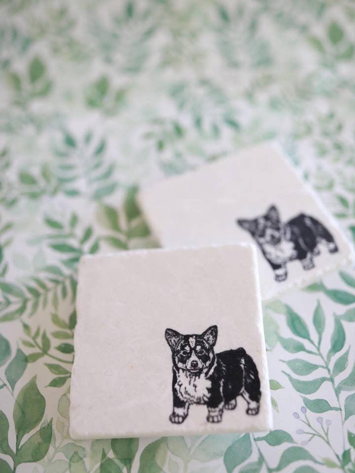 Corgi-Marmor-Untersetzer für den Großhandel von Lace, Grace & Peonies Marble Coasters
