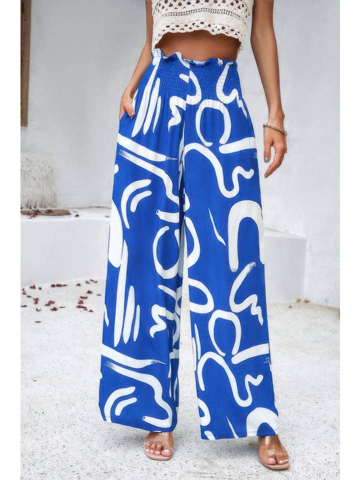 CC Wholesale Clothing - Venta al por mayor Pantalones - Mujer - Pantalón de Pierna Ancha de Cintura Alta con Volante Doblado y Estampado Integral23