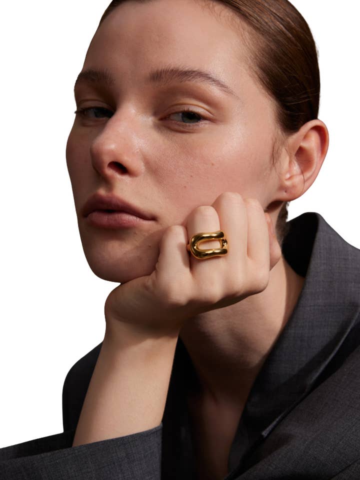 Double Double acier PVD 18K Or Bague Ouverte Double Étanche pour la vente par HoopLa