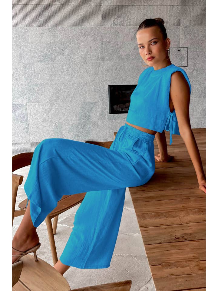 Sweetkama - Wholesale Top & Pant Set (NOT Loungewear) - Women's - Linen Sleeveless Crop Top and Pants 2PCS Set 2TZ2186
