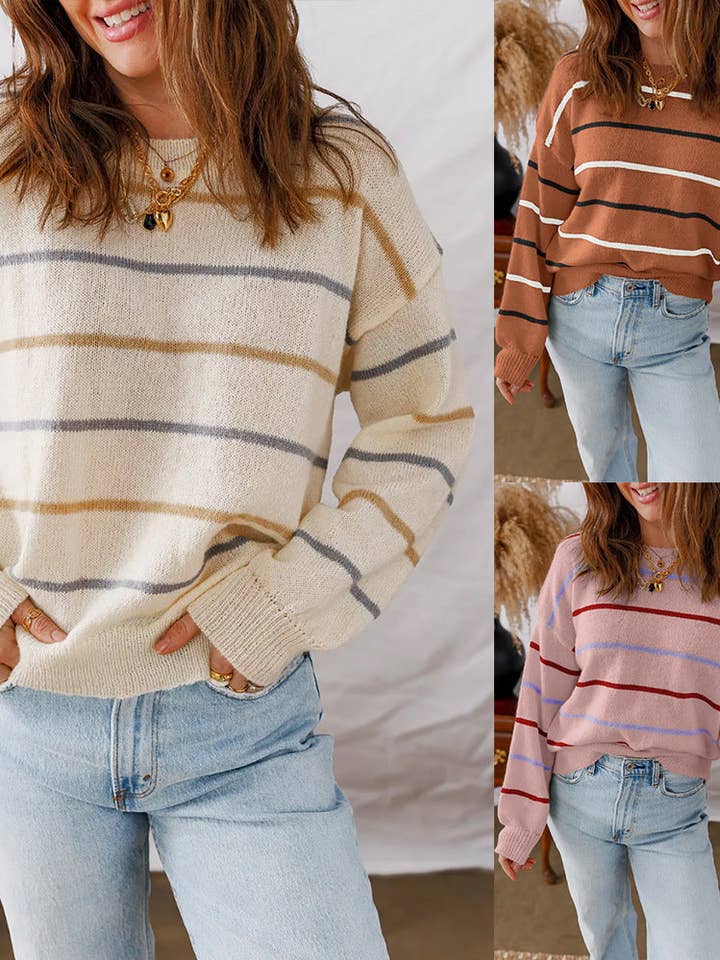 Casual Striped Loose Fit Pullover Sweater for Women for wholesale by Lovesoft
