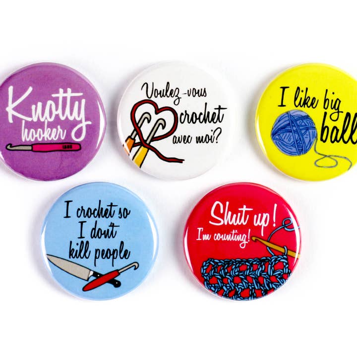 SET: Knotty Hooker Funny Crochet Pinback Buttons or Magnets for wholesale by Ifs, Ands, Or Buttons