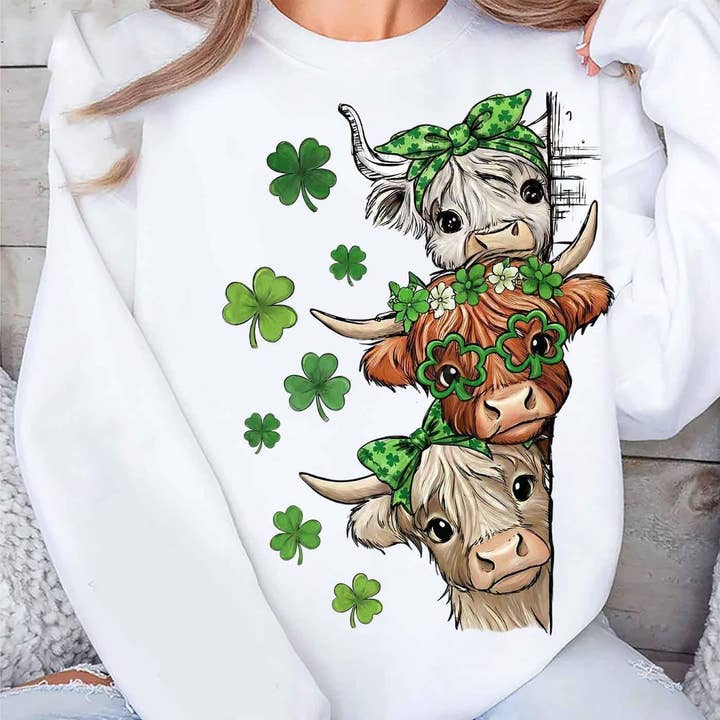 Funny St Patrick’s Day Highland Cow Shirt, Shamrock Sweater for wholesale by DLT Ecommerce