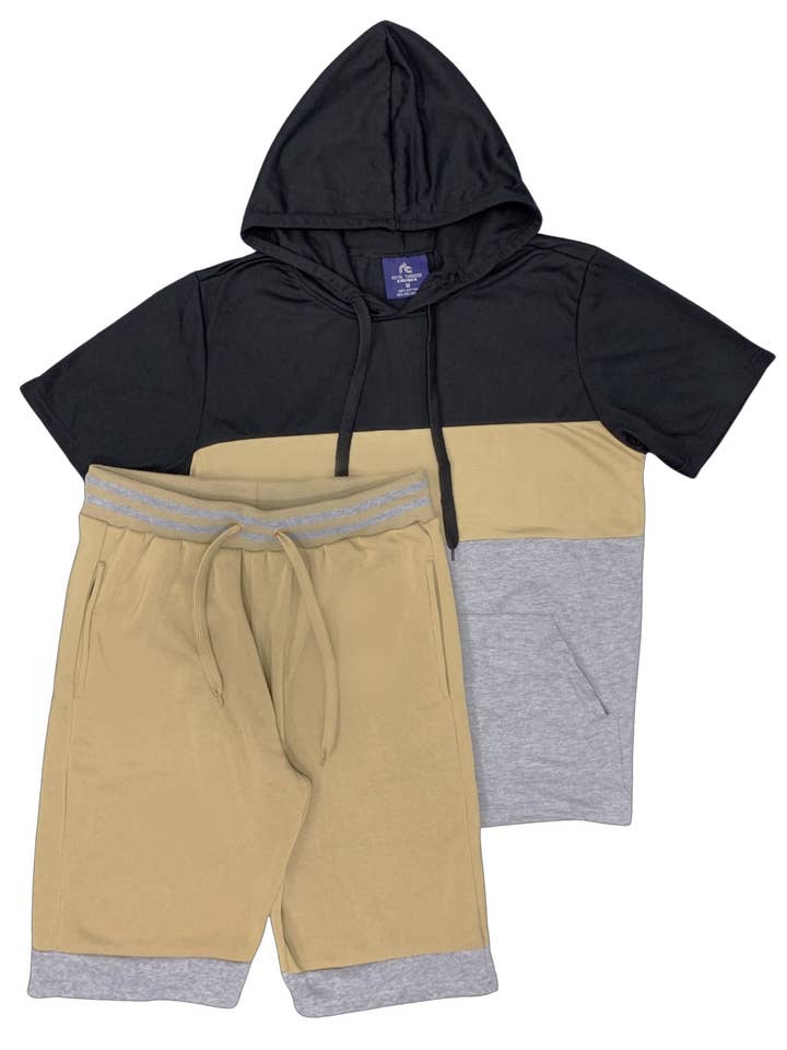 Royal Threads - Wholesale Lounge Set - Men's - Men's Color Block Shorts Set with pullover Hoodie & Shorts