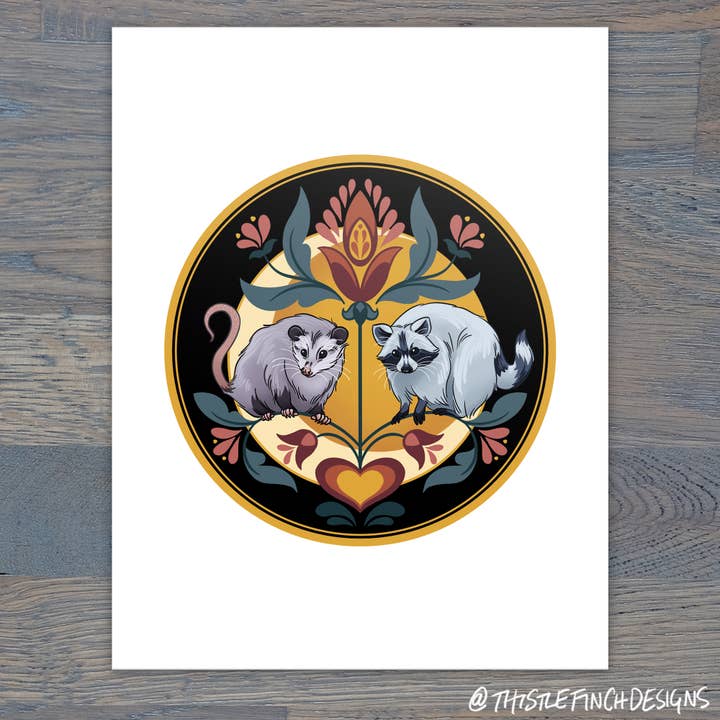 Raccoon & Opossum Hex Sign, Heavyweight Matte Digital Print for wholesale by Thistle Finch Designs