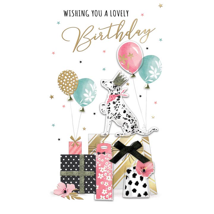 Second Nature Ltd – wholesale Birthday card – Dalmatian with Balloons & Gifts - Champagne - Second Nature