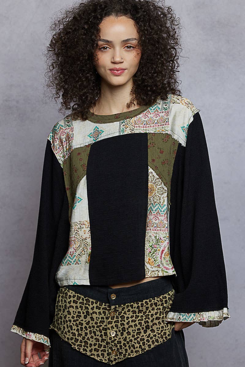 Pol Clothing - Wholesale Blouse - Women's - Long sleeve double gauze printed woven contrast top1