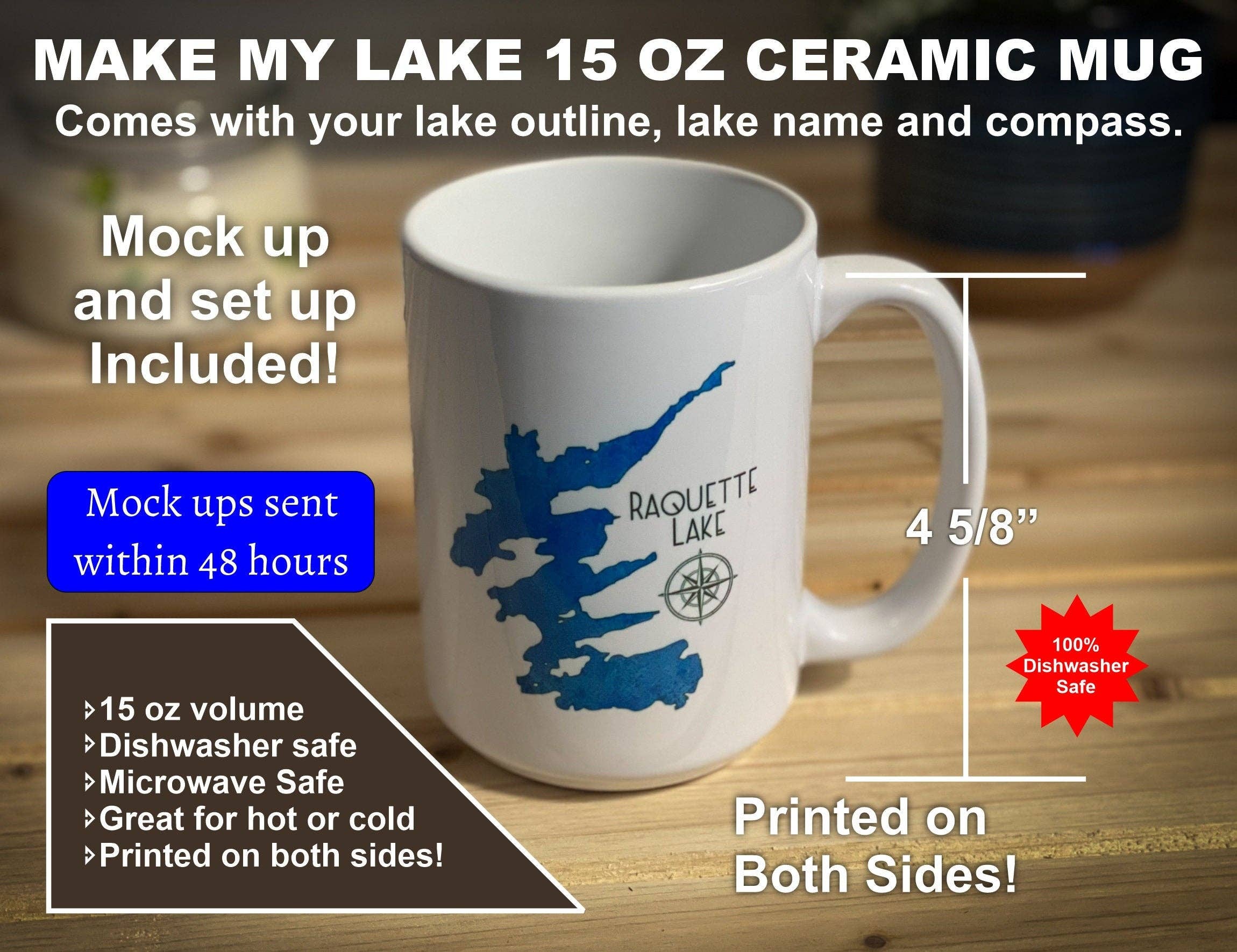Adirondack Etching LLC - Wholesale Coffee Mug - Lake Outline - Ceramic Mug - 15oz Capacity